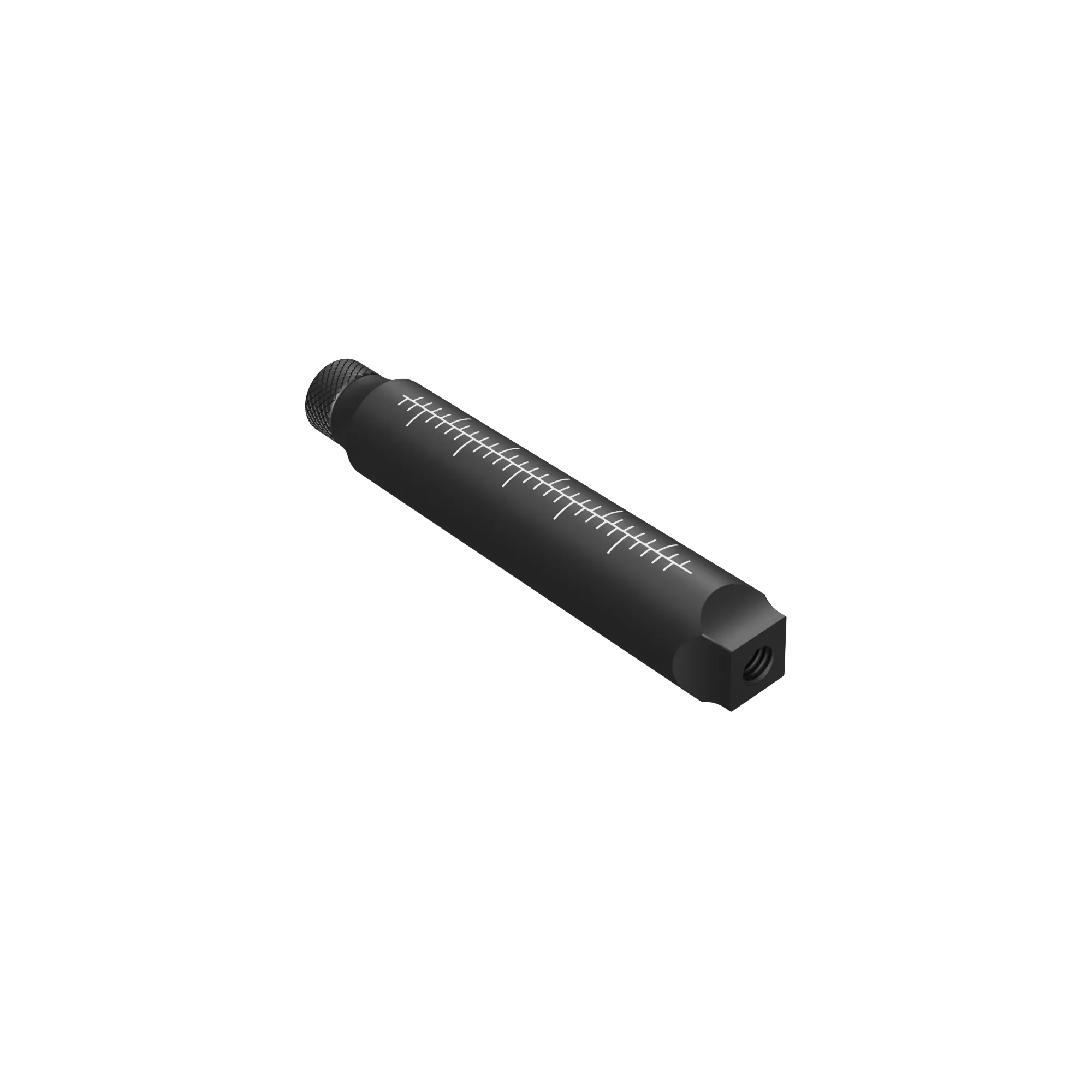 An angled view of a black UV Scope Rod, showing the textured screw cap at one end and white measurement markings on the side. The other end has a hexagonal shape.