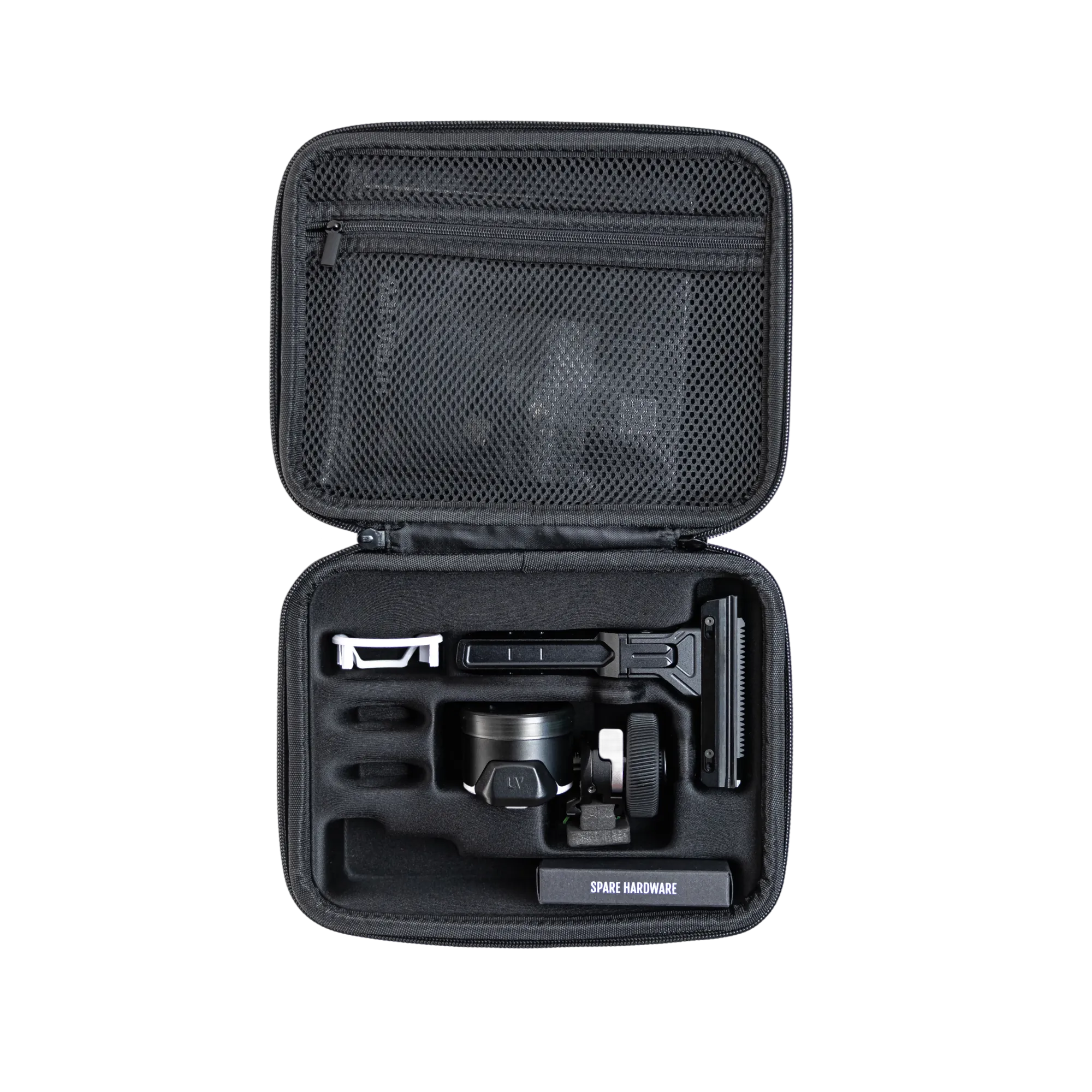Open UV Slider 2 Travel Case showing padded foam interior with UV Slider™ 2 sight, mounting arm, and spare hardware kit