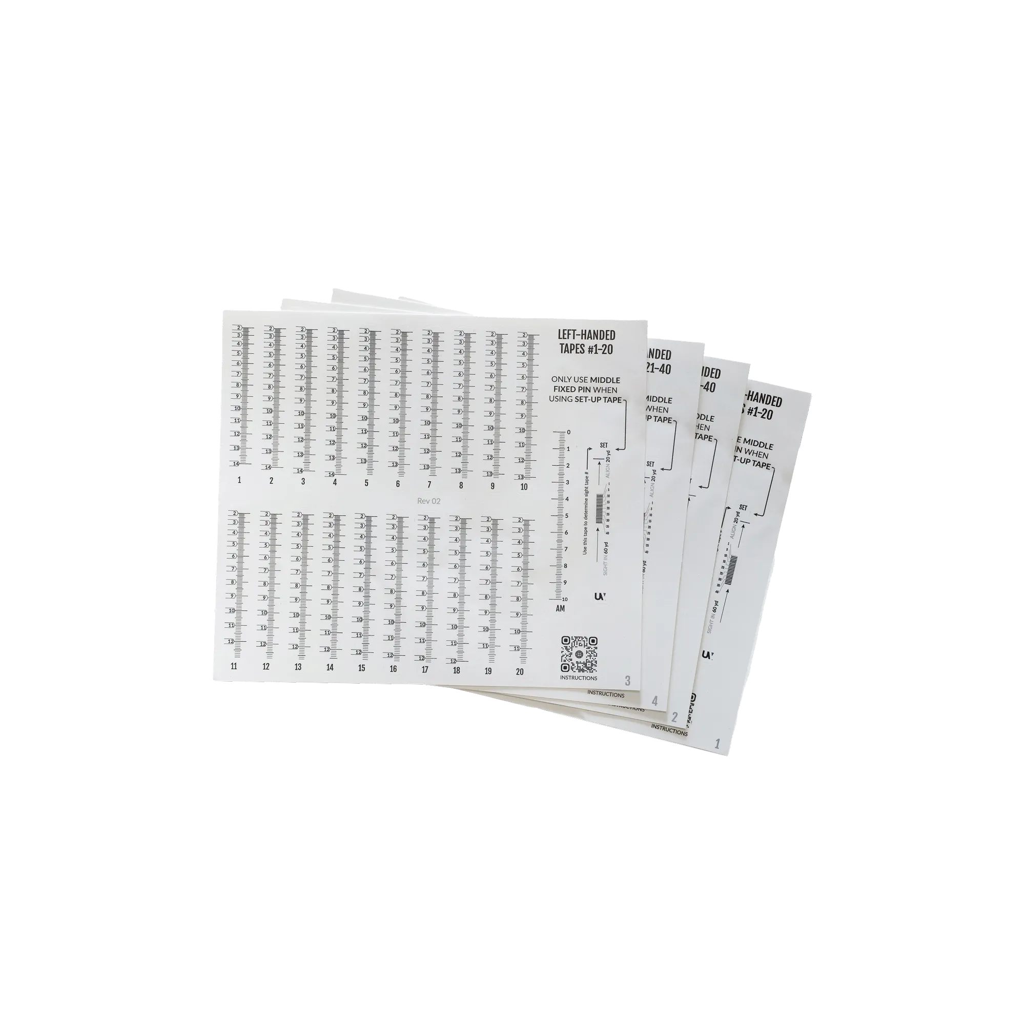 Full set of UV Slider™ sight tapes made from waterproof vinyl for precise distance calibration