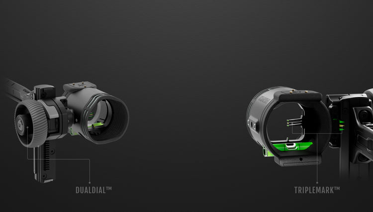 UV Slider™ on a black background calling out the DualDIal™ and TripleMark™ features