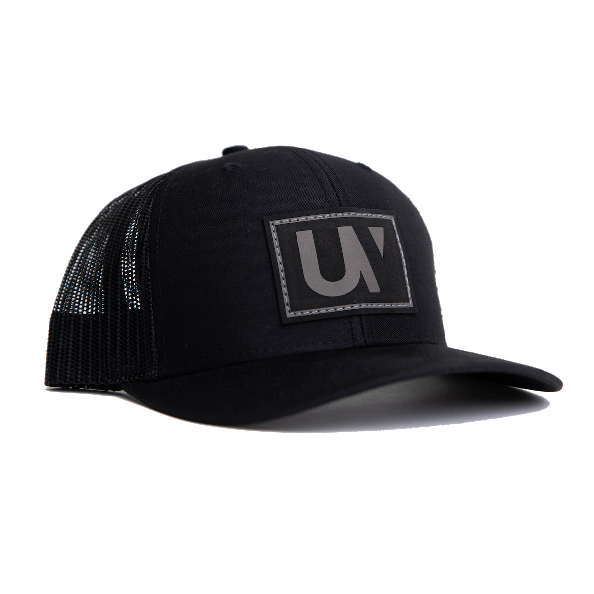 Black UV Patch hat with gray stamp - side profile