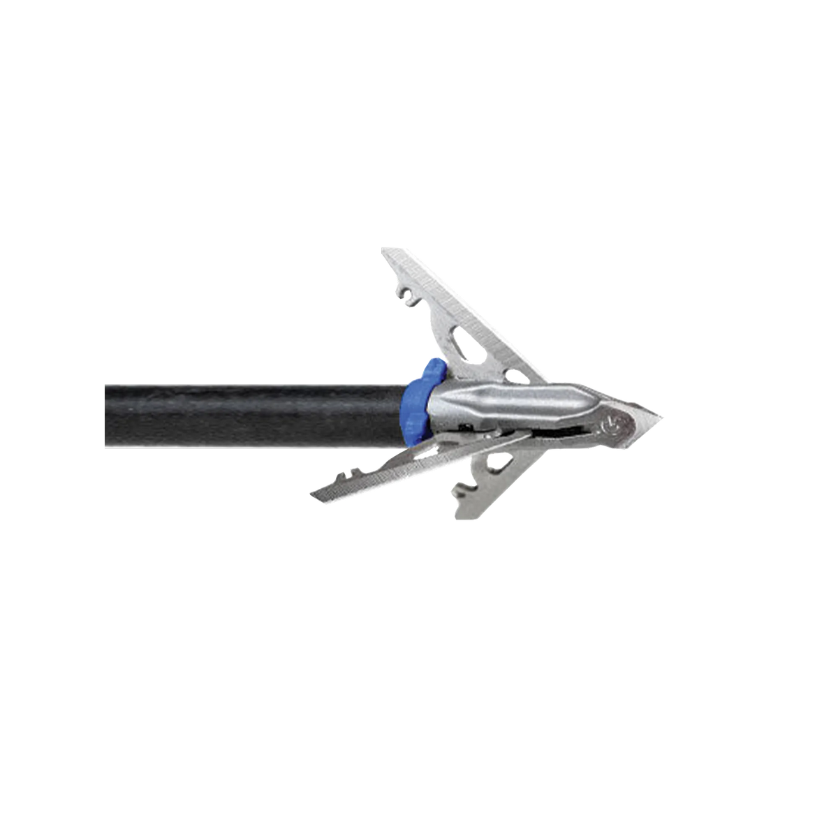 G5 Deadmeat V2 broadhead deployed on arrow shaft showing rear-deploying stainless steel blades