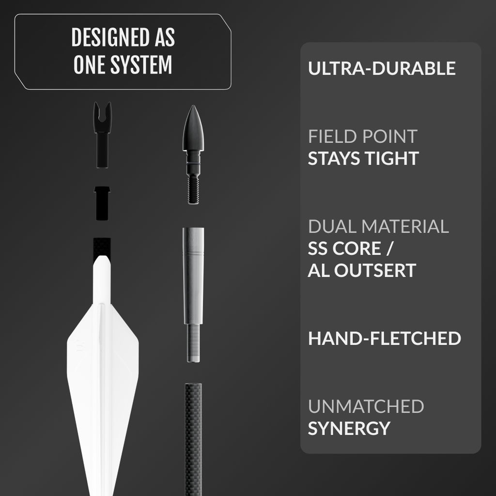 Designed As One System - Ultra-durable, Field point stays tight, Dial material SS Core/AL Outsert, Hand-fletched, Unmatched synergy