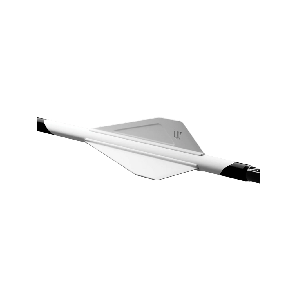 UV 1K carbon arrow with white vanes and black nocks displayed on an angle.