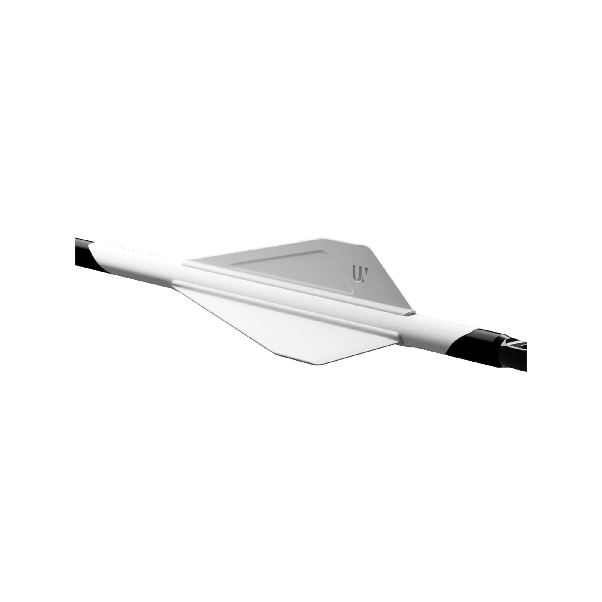 UV 1K carbon arrow with white vanes and black nocks displayed on an angle.