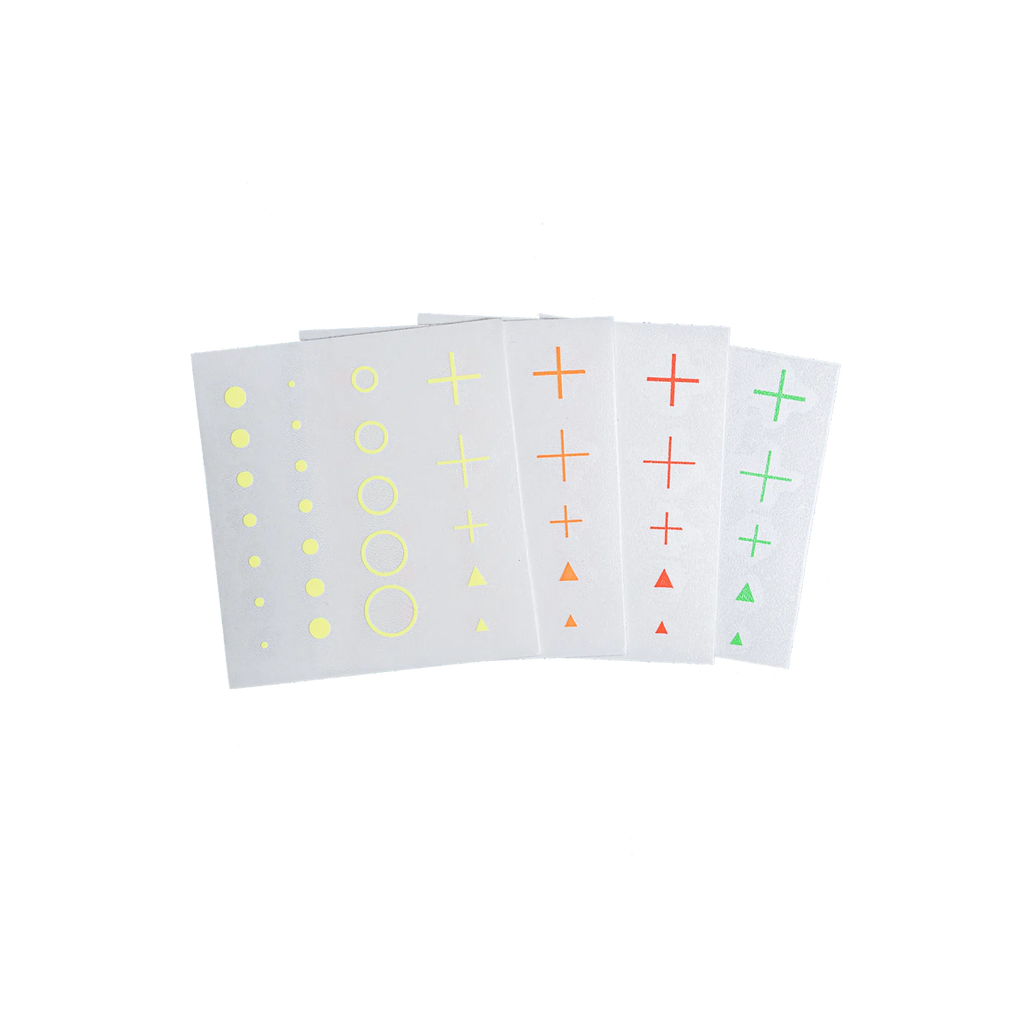 Ultraview UV Dot Kit with four fluorescent target sticker sheets in green, yellow, orange, and red for archery scopes
