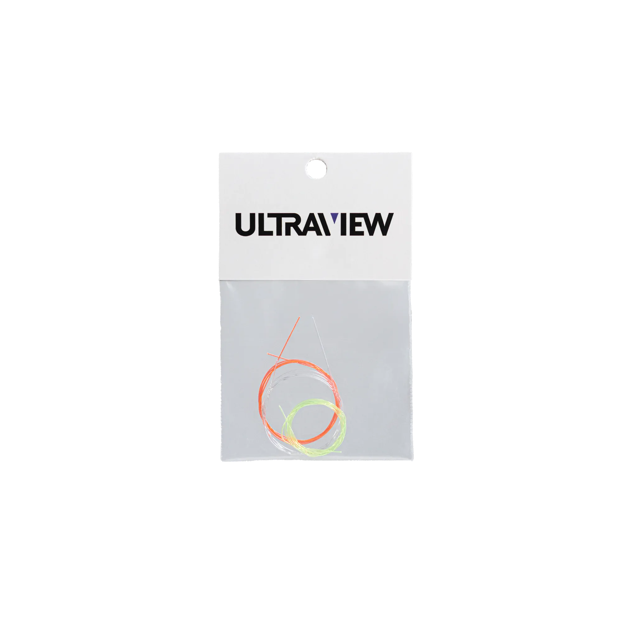 A UV Fiber Kit packaged in a plastic bag with an Ultraview branded header. The bag contains three spools of 20-inch-long fiber optics in orange, white, and green.