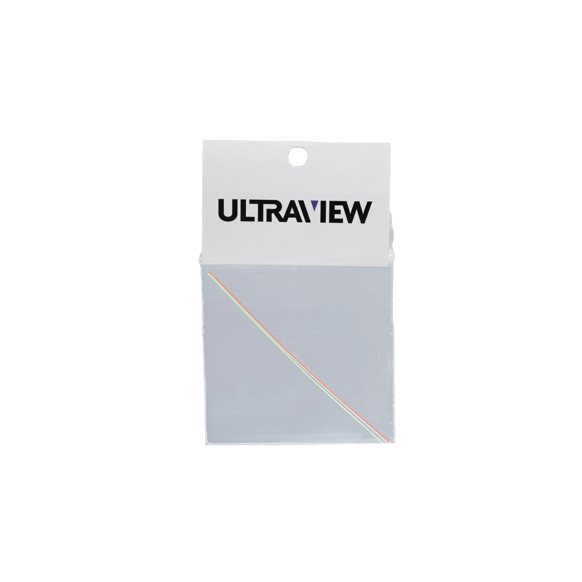 A UV Fiber Kit packaged in a plastic bag with an Ultraview branded header. The bag contains three 4-inch-long fiber optics in orange, white, and green.