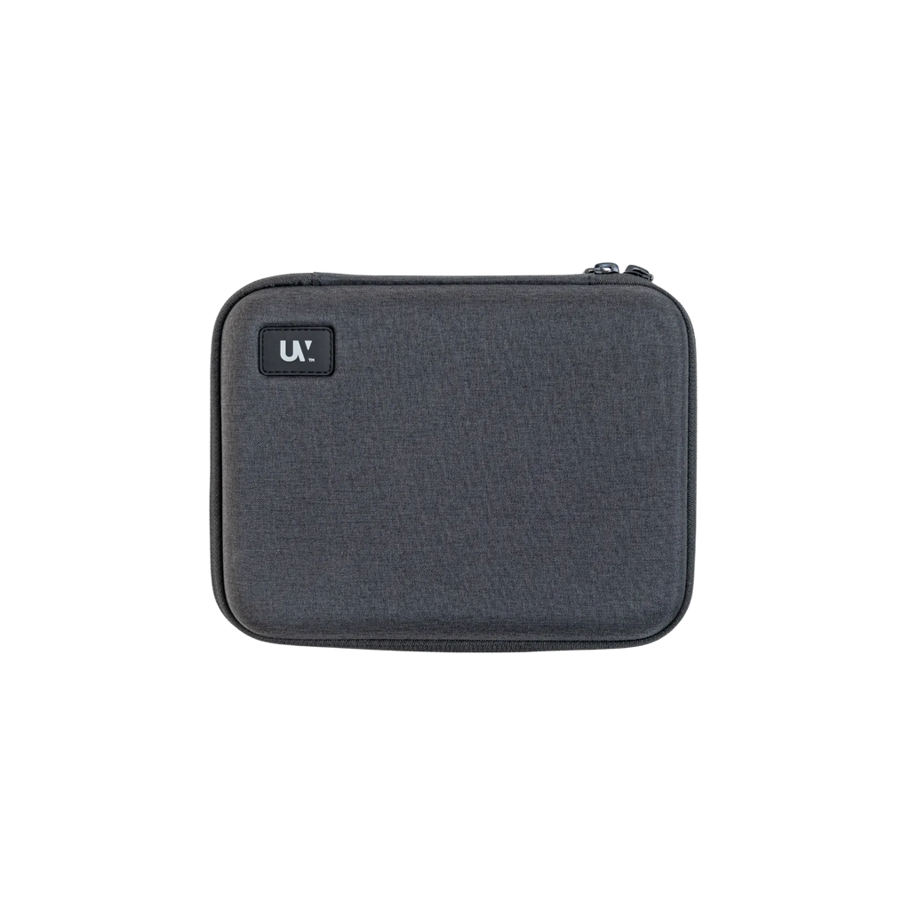 Gray UV Slider™ 2 Travel Case closed with durable fabric exterior and UV logo patch for archery sight transport