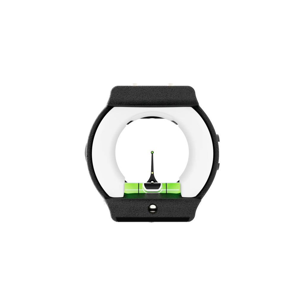 UV3™SE Viz Ring in white installed on archery scope with green level and single pin sight for precision aiming